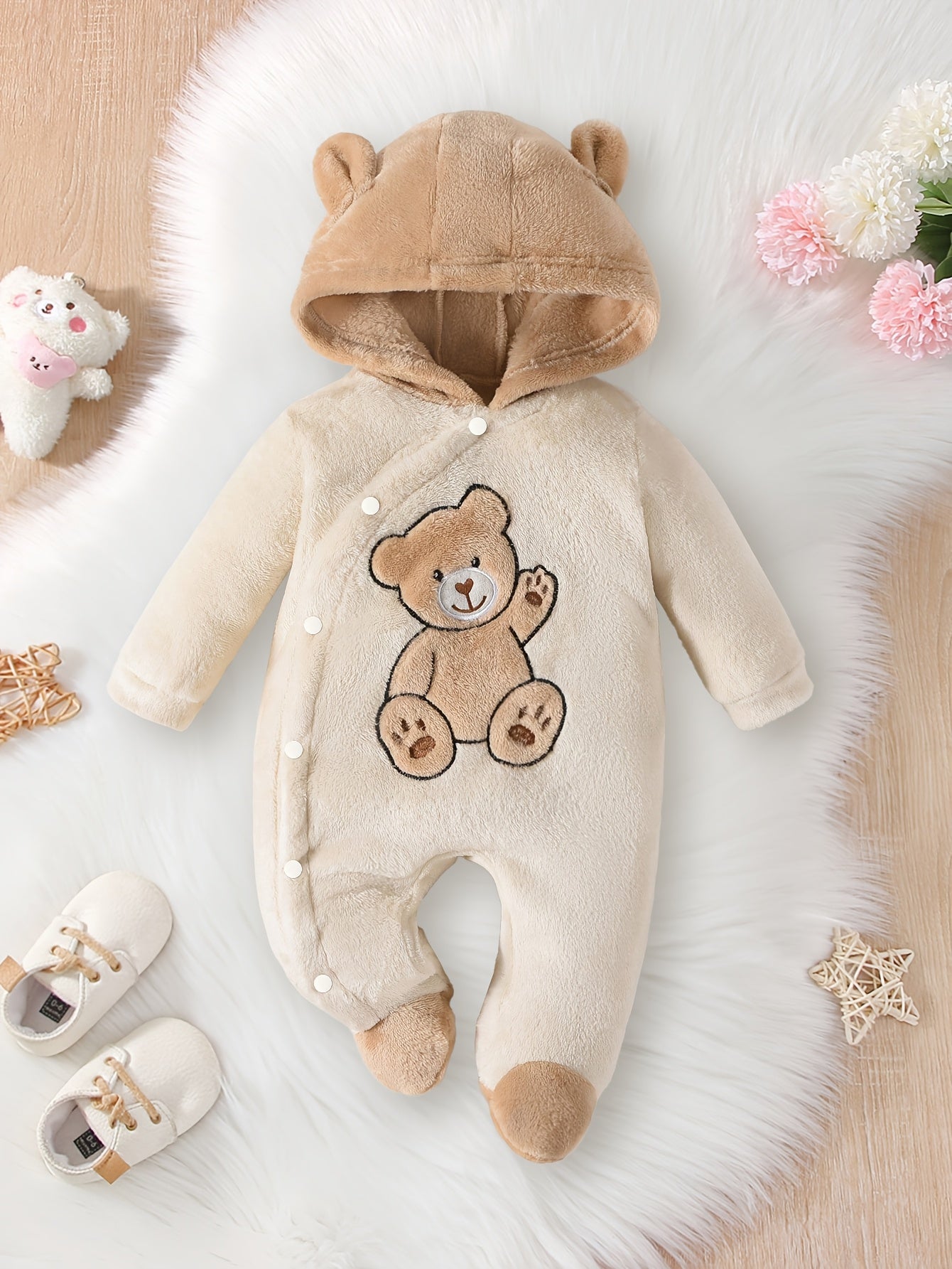 Cozy Boys' Winter Bear Print Hooded Onesie – Warm Polyester, Long Sleeve, Bear Decor (Outdoor Wear, Machine Washable)