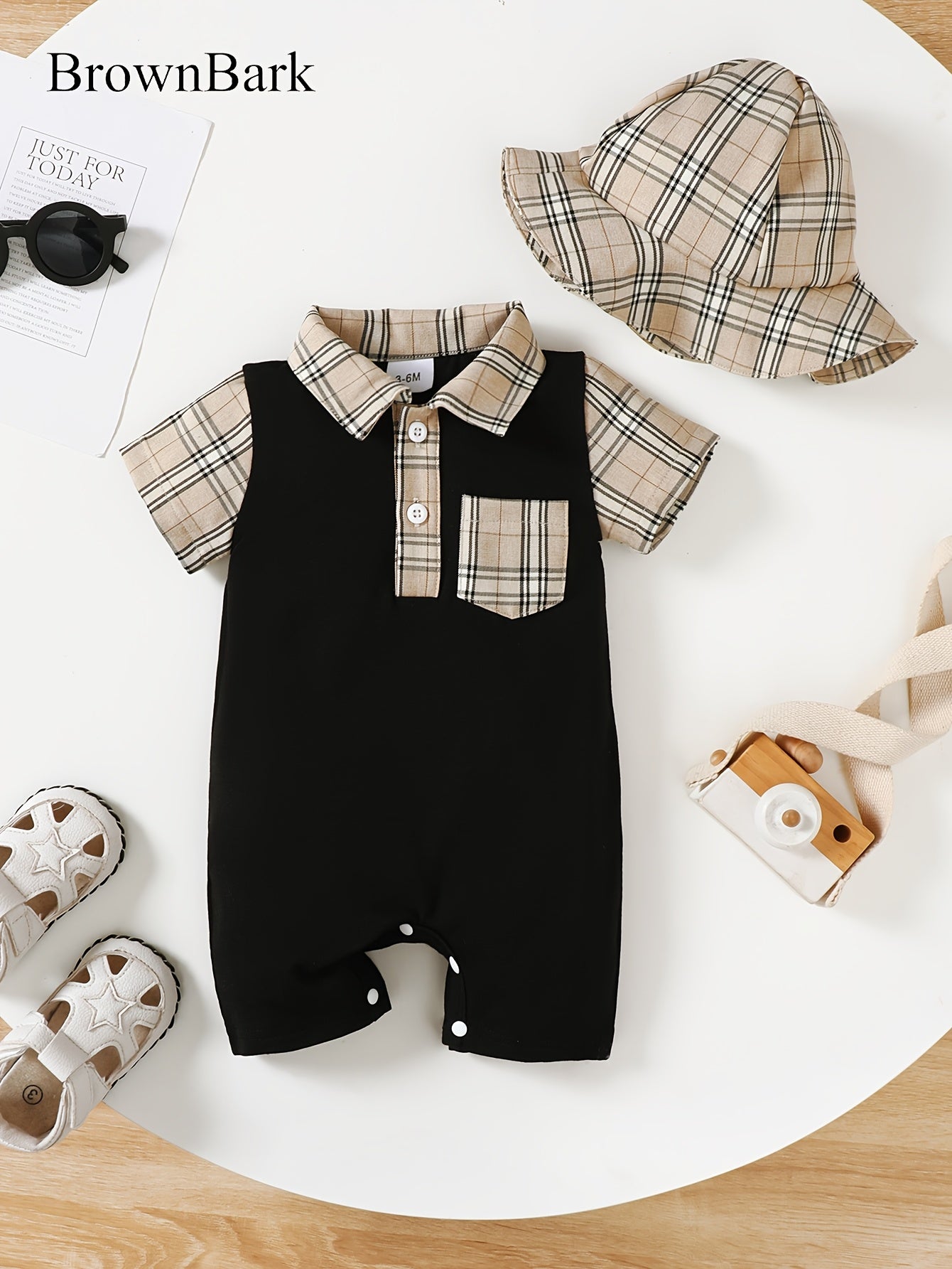 Baby Boy Plaid Print White Short Sleeve Romper with Plaid Fisherman Hat – Casual & Cute (0-3 Years, Summer Wear)