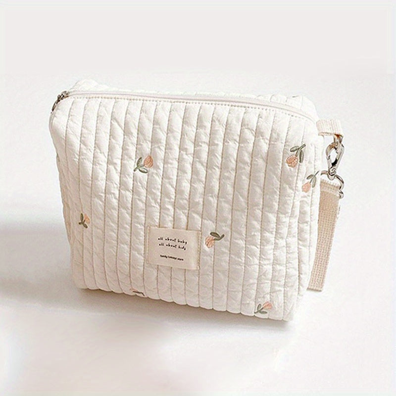 Adorable Quilted Diaper Bag with Bunny & Floral Embroidery – Portable Reusable Nappy Caddy Organizer for Wet/Dry Use, Ideal for Strollers and Small Diaper Bags - Kidzy Market
