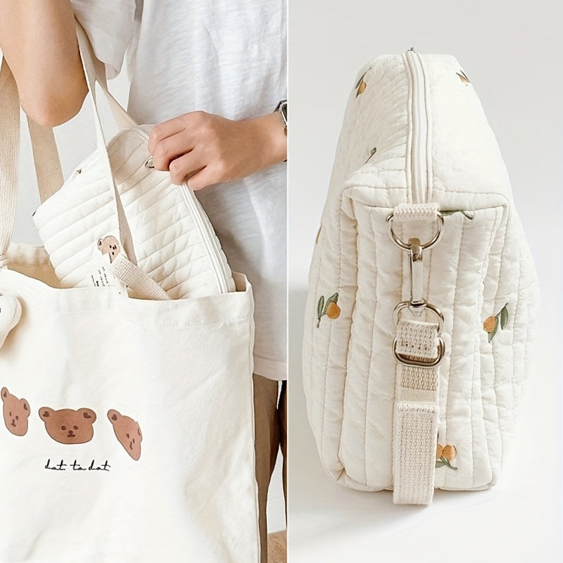 Adorable Quilted Diaper Bag with Bunny & Floral Embroidery – Portable Reusable Nappy Caddy Organizer for Wet/Dry Use, Ideal for Strollers and Small Diaper Bags - Kidzy Market