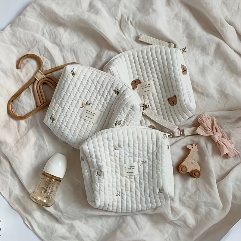 Adorable Quilted Diaper Bag with Bunny & Floral Embroidery – Portable Reusable Nappy Caddy Organizer for Wet/Dry Use, Ideal for Strollers and Small Diaper Bags - Kidzy Market