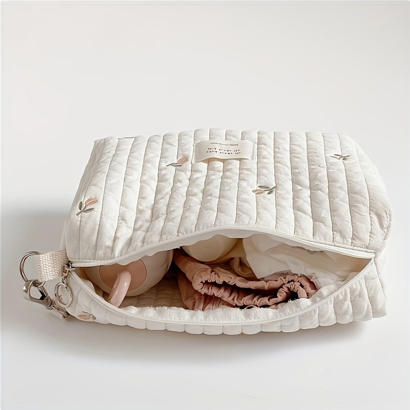 Adorable Quilted Diaper Bag with Bunny & Floral Embroidery – Portable Reusable Nappy Caddy Organizer for Wet/Dry Use, Ideal for Strollers and Small Diaper Bags - Kidzy Market