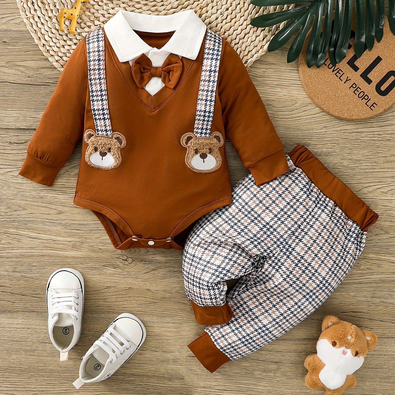 Hibobi Baby Boys' Gentleman Bear Pattern Romper Set – Polyester, Machine Washable (Spring/Fall, Outdoor Wear)