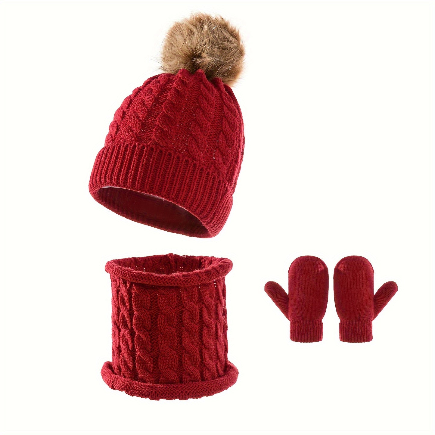 0-3 Years Old Baby Knitted Velvet Hat Set – Warm Autumn & Winter Baby Hat with Scarf & Gloves - Kidzy Market