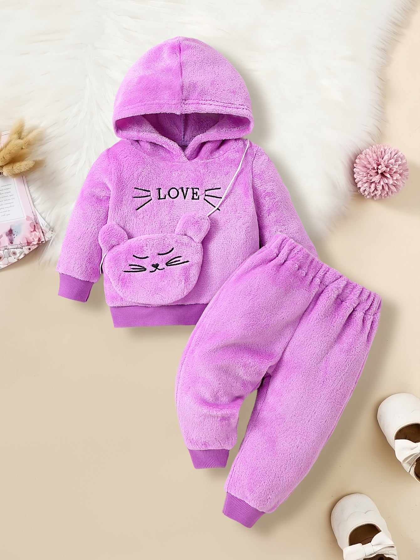 Cute Baby Girl Long-Sleeve Hooded Outfit – Solid Color with Embroidered Cartoon Design & Adorable Bear Bag, Perfect for Spring, Autumn & Winter - Kidzy Market