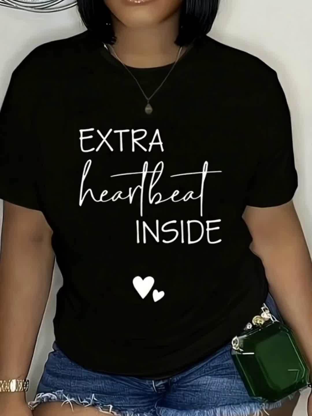 Extra Heartbeat Inside" Graphic Maternity Tee - Casual & Comfy Polyester-Spandex Blend, Short Sleeve, Round Neck Women's Pregnancy Announcement Top with Cute Heart Detail, Machine Washable