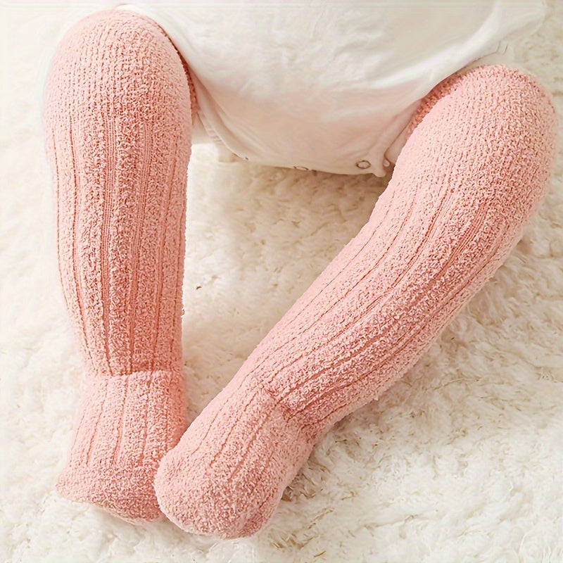 5 Pcs MIIYOUNG Coral Fleece Lined Thick Winter Indoor Anti-Slip Children’s Over Knee Long Tube Floor Socks | 100% Polyester, Knit Fabric, Hand Wash Only | For Fall and Winter