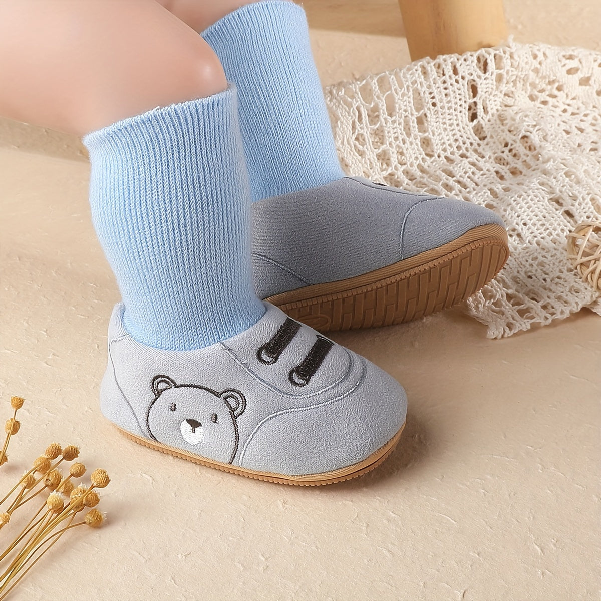 1 Pair Cozy Winter Baby Cartoon Socks with Non-Slip Sole for 0-1 Year Old Boys & Girls - Soft Fleece Lined, Mid-Calf Height | Cute Design for Daily & Casual Wear | Toddler Indoor Shoes with Hook-and-Loop Fastener Closure