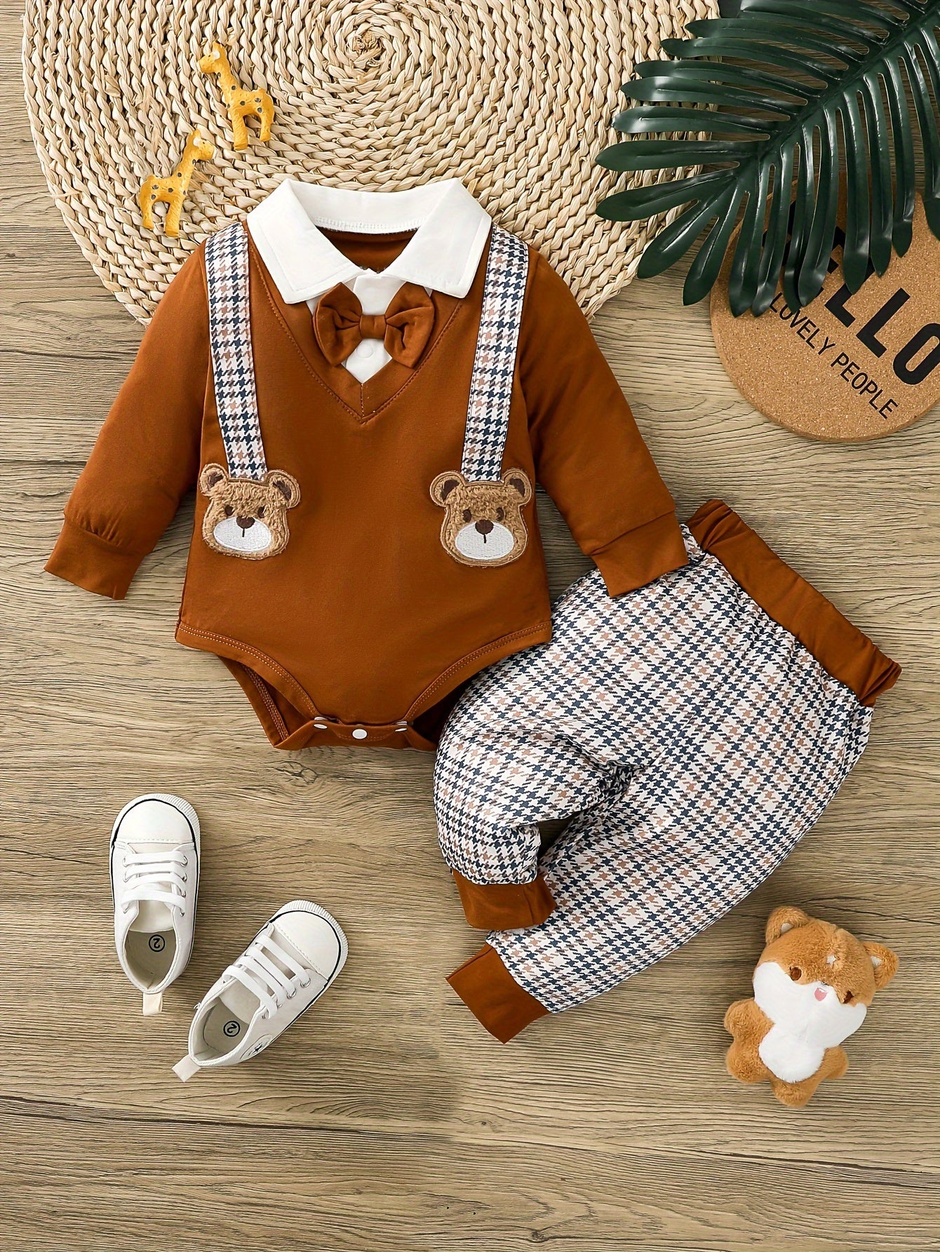 Hibobi Baby Boys' Gentleman Bear Pattern Romper Set – Polyester, Machine Washable (Spring/Fall, Outdoor Wear)