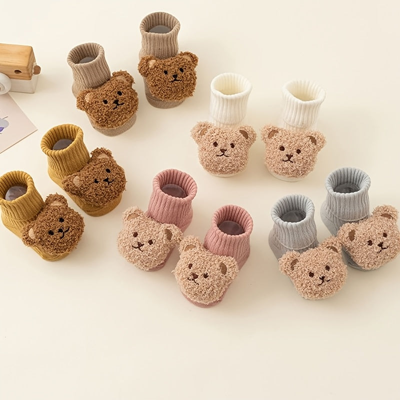 1 Pair/3 Pairs of Soft & Comfortable Ribbed Socks for Babies - Cute Bear Design | Non-Slip with Fold-Over Top, Suitable for Children