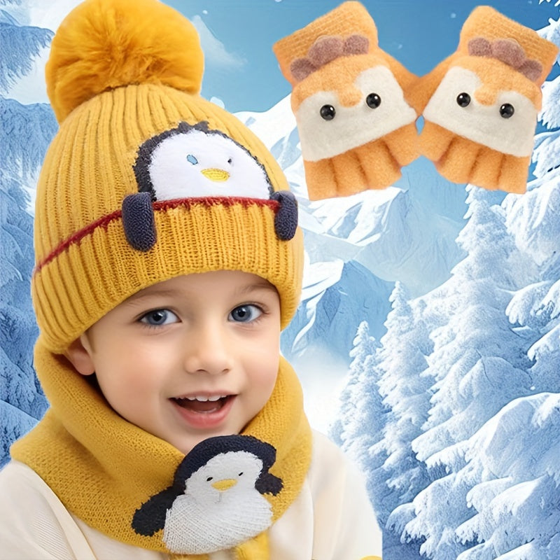 3-Piece Winter Set – Cartoon Penguin Knit Hat, Scarf & Gloves for Infants – Warm Fleece, Windproof Ear Flaps, Snap Closure – Christmas Theme for Boys & Girls - Kidzy Market
