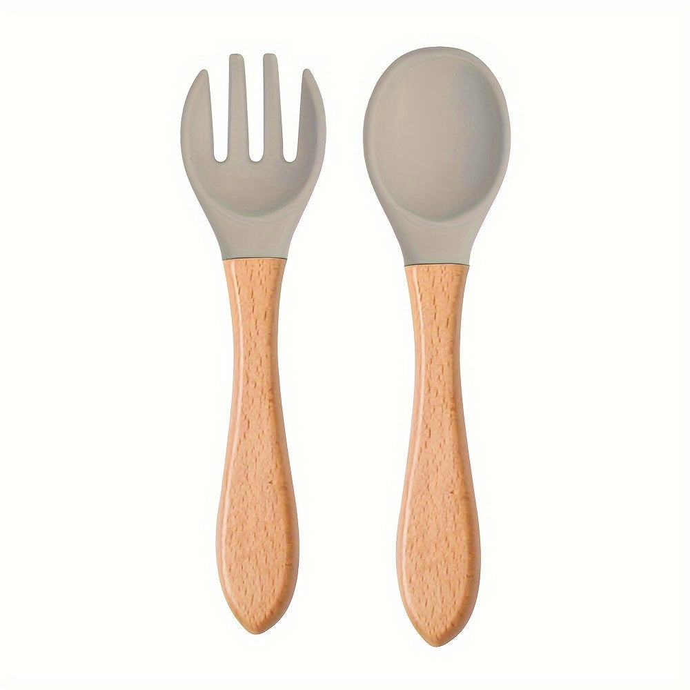 2PCS Silicone Feeding Set – Durable Spoon & Fork with Wooden Handle, BPA-Free Self-Feeding Utensils for Toddlers & Babies