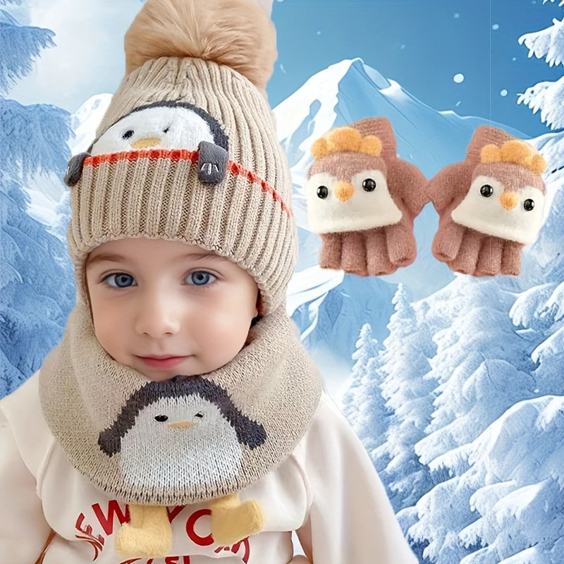 3-Piece Winter Set – Cartoon Penguin Knit Hat, Scarf & Gloves for Infants – Warm Fleece, Windproof Ear Flaps, Snap Closure – Christmas Theme for Boys & Girls - Kidzy Market