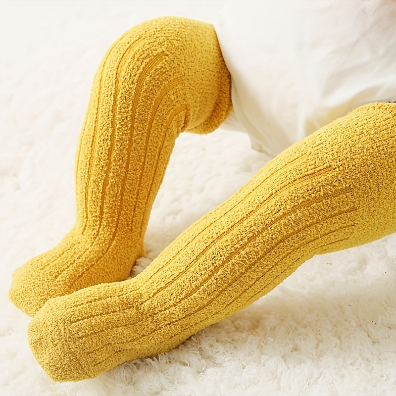 5 Pcs MIIYOUNG Coral Fleece Lined Thick Winter Indoor Anti-Slip Children’s Over Knee Long Tube Floor Socks | 100% Polyester, Knit Fabric, Hand Wash Only | For Fall and Winter