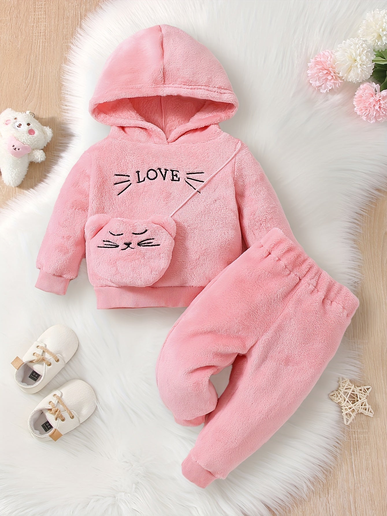 Cute Baby Girl Long-Sleeve Hooded Outfit – Solid Color with Embroidered Cartoon Design & Adorable Bear Bag, Perfect for Spring, Autumn & Winter - Kidzy Market