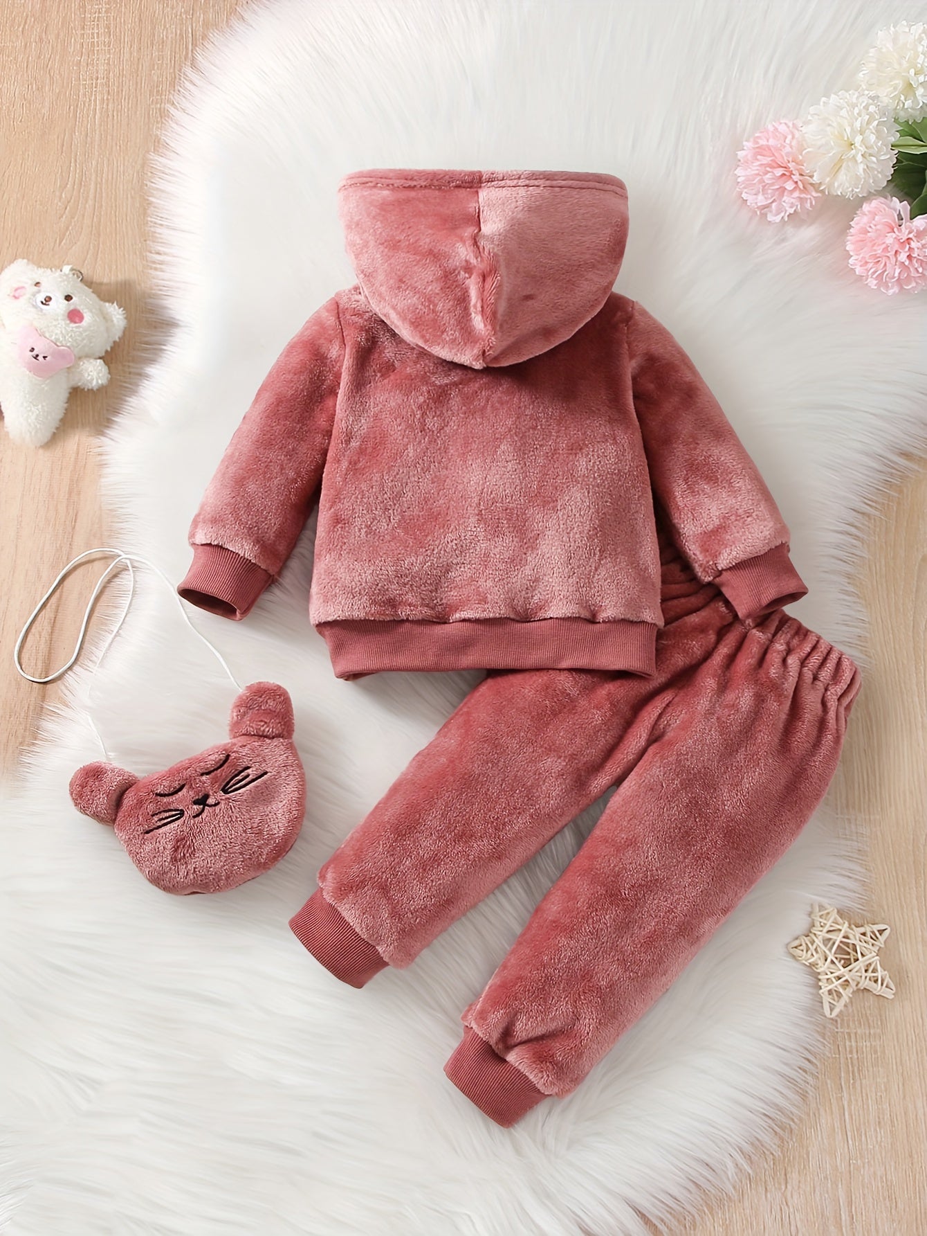 Cute Baby Girl Long-Sleeve Hooded Outfit – Solid Color with Embroidered Cartoon Design & Adorable Bear Bag, Perfect for Spring, Autumn & Winter - Kidzy Market