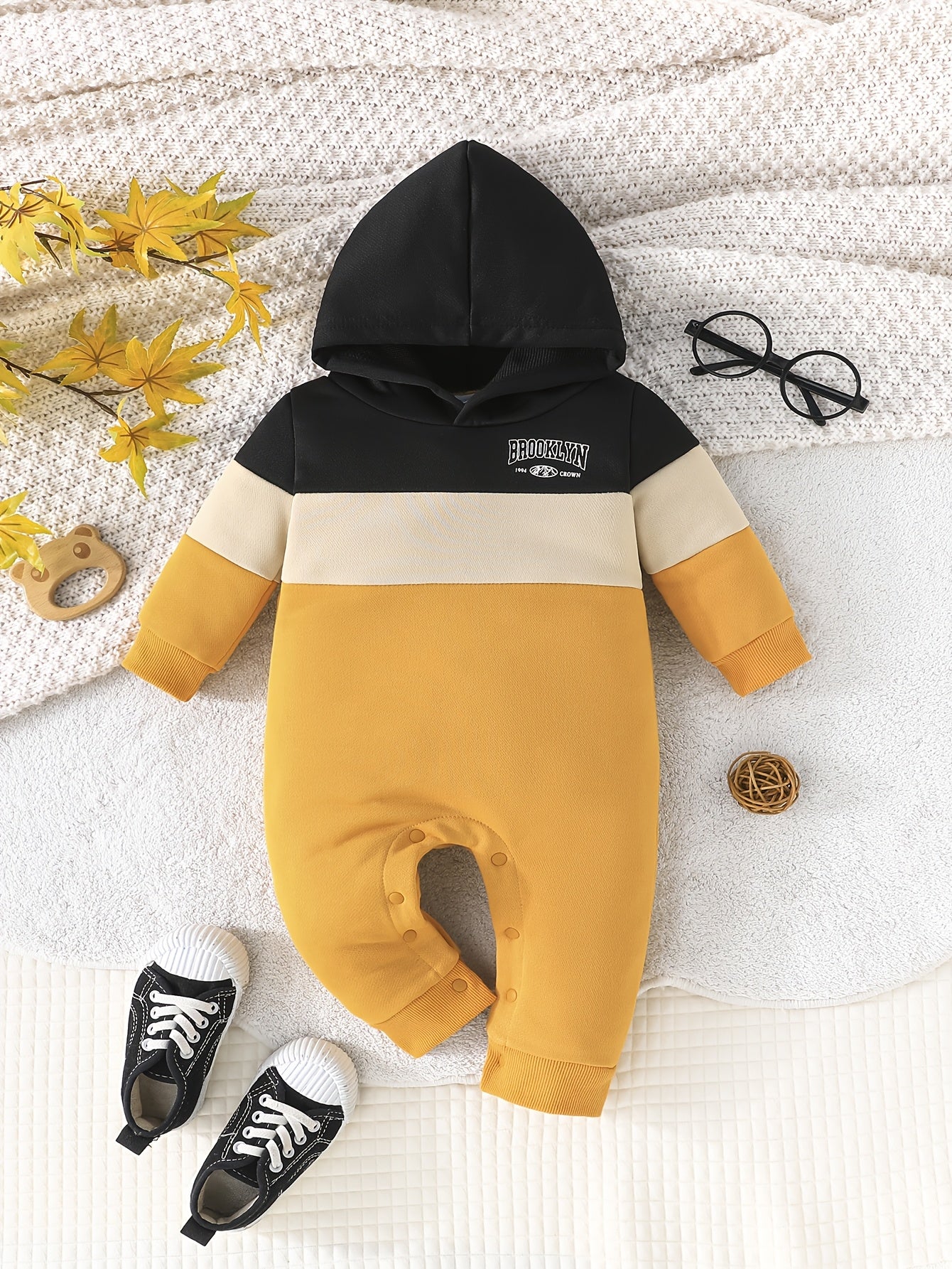 Baby Boys' Casual Hooded Long Sleeve Romper – Alphabet Print, Polyester Knit Fabric (Spring/Fall, Regular Fit, Outdoor Wear)