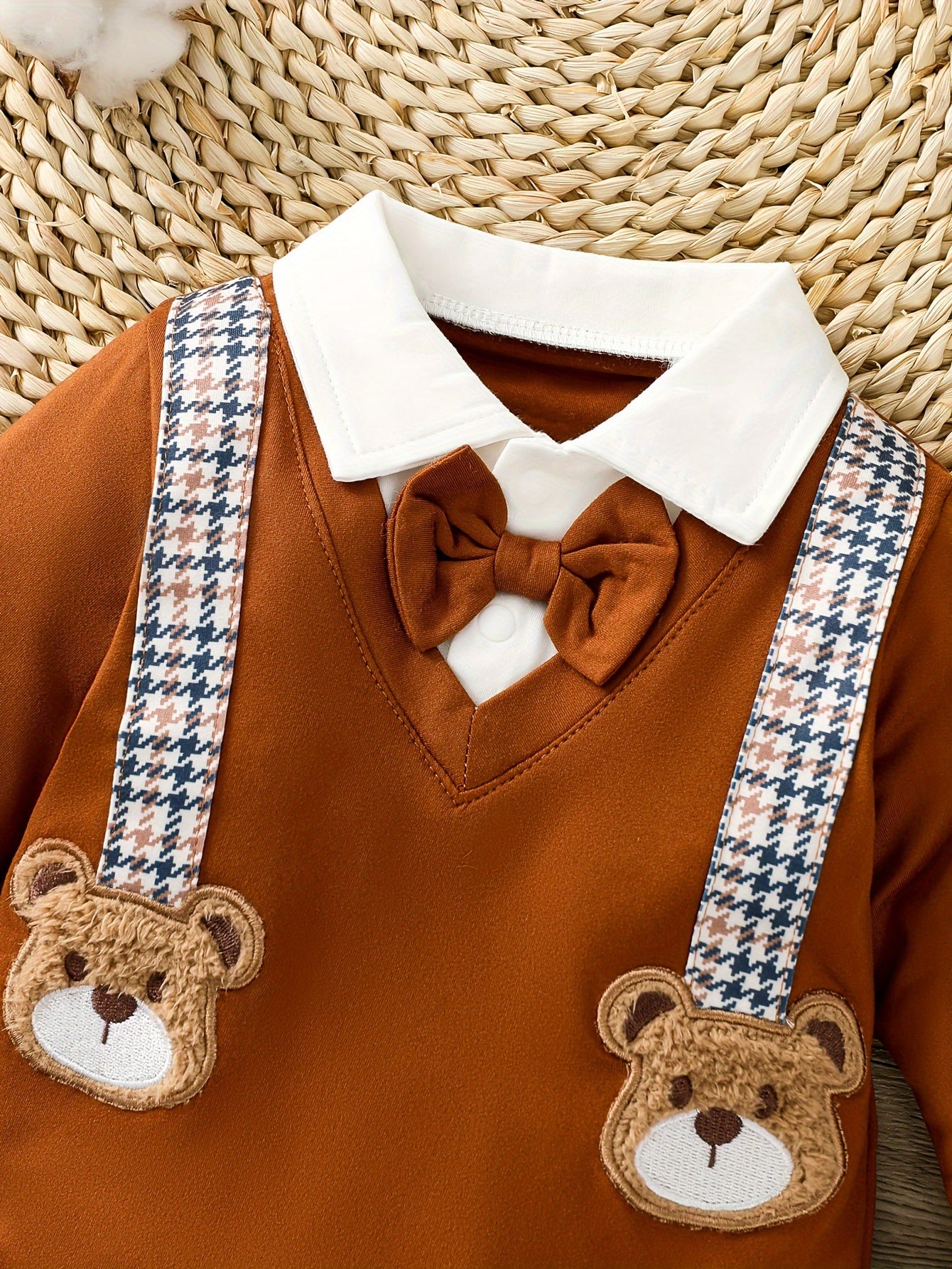Hibobi Baby Boys' Gentleman Bear Pattern Romper Set – Polyester, Machine Washable (Spring/Fall, Outdoor Wear)