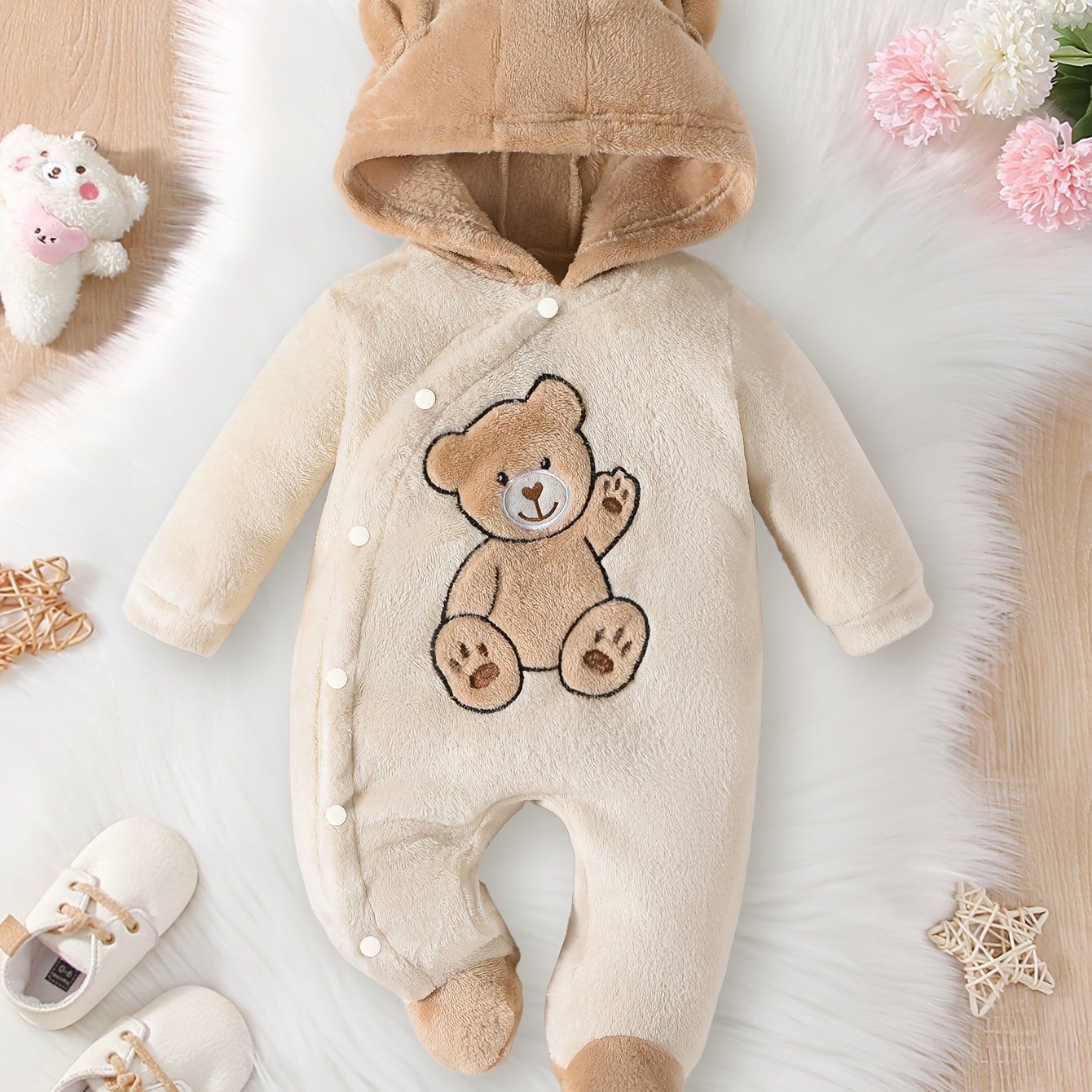 Cozy Boys' Winter Bear Print Hooded Onesie – Warm Polyester, Long Sleeve, Bear Decor (Outdoor Wear, Machine Washable)