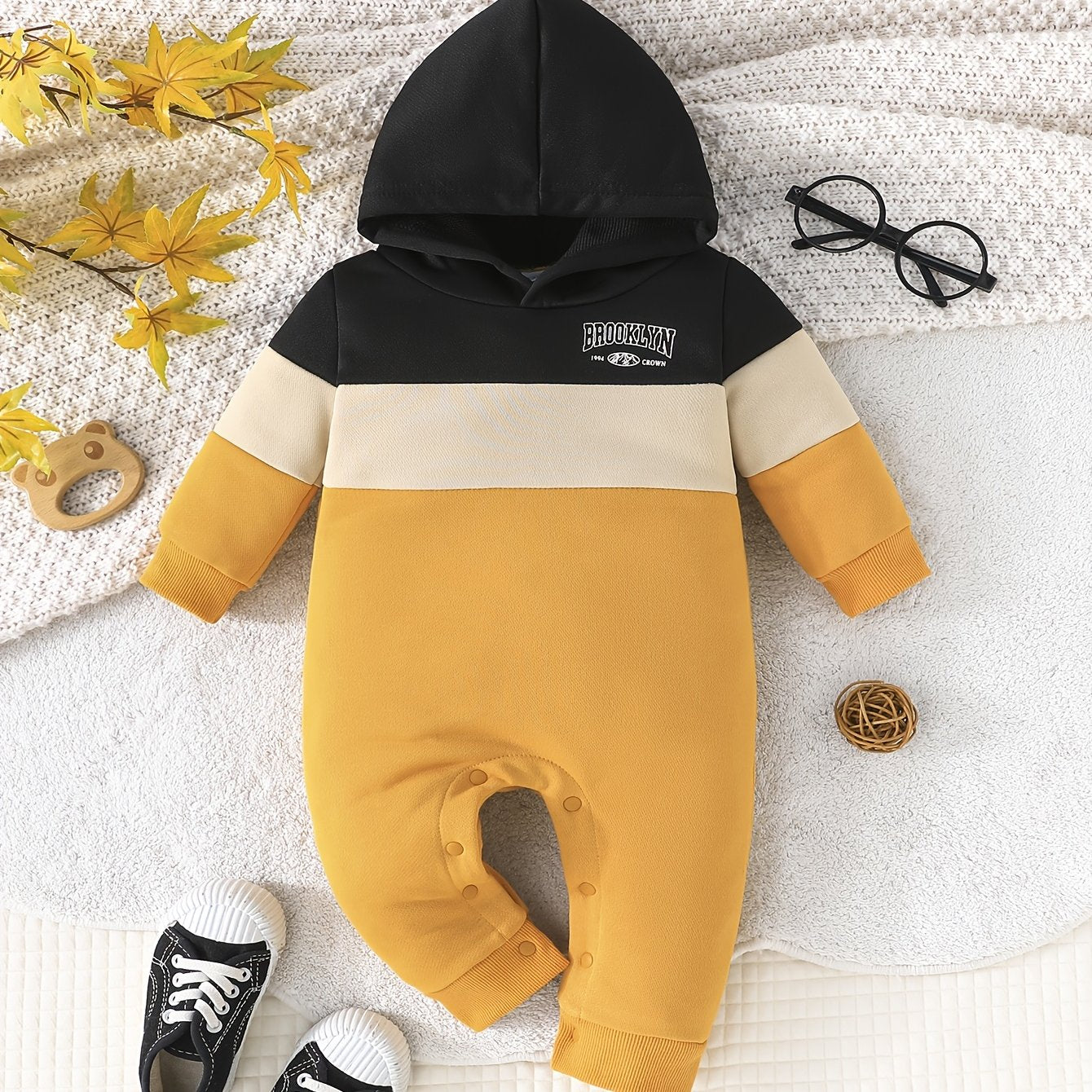 Baby Boys' Casual Hooded Long Sleeve Romper – Alphabet Print, Polyester Knit Fabric (Spring/Fall, Regular Fit, Outdoor Wear)