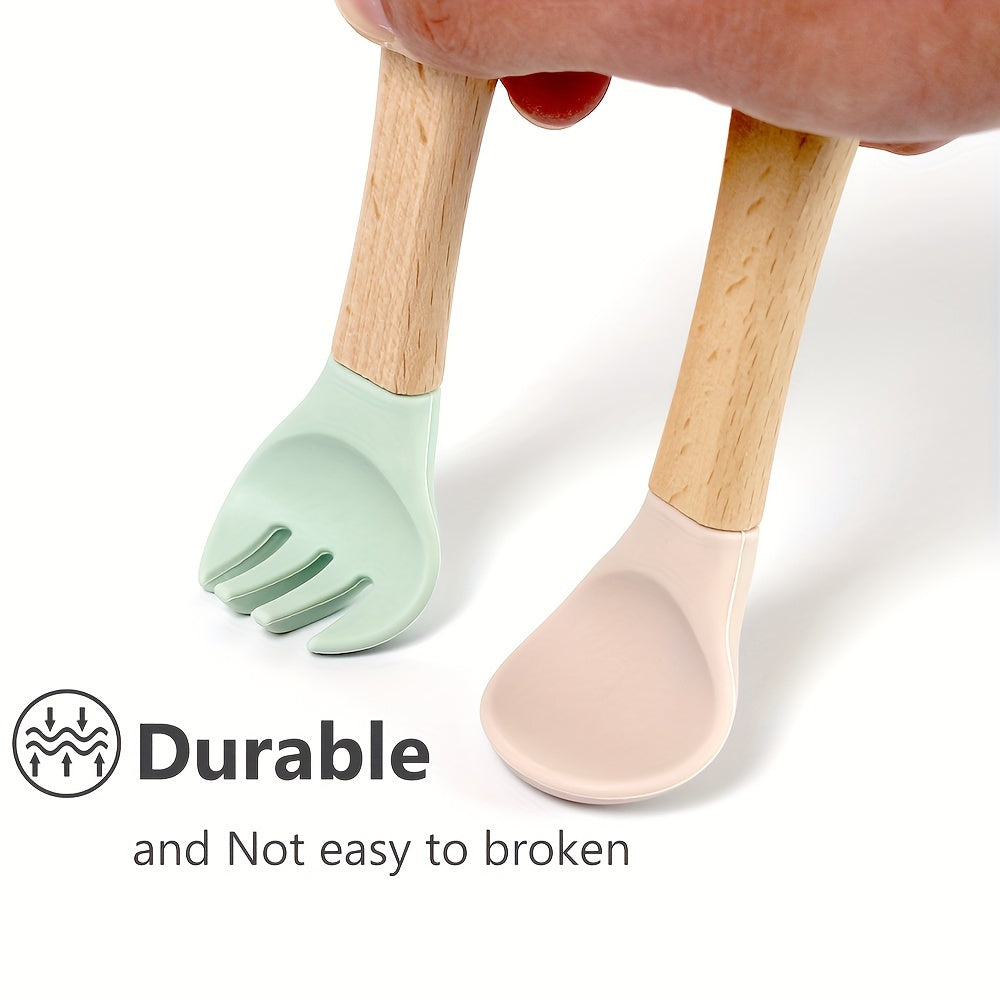 2PCS Silicone Feeding Set – Durable Spoon & Fork with Wooden Handle, BPA-Free Self-Feeding Utensils for Toddlers & Babies