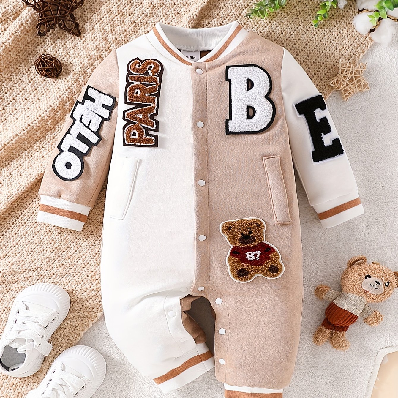 JOPGEEY Boys' Cozy Fleece Bodysuit – 3D Embroidered Badge, Colorful Ribbed, Machine Washable (Fall/Winter, Outdoor Wear)