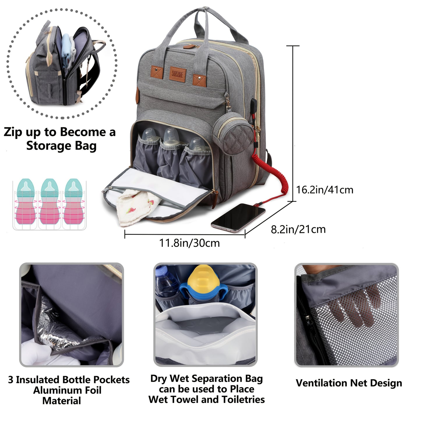 Lamroro Diaper Bag Backpack with Changing Pad – Multi-Functional Travel Baby Bag with USB Charging Port, Waterproof Polyester, Zipper Closure & Utility Pockets – Perfect for Parents, Preschool & Travel - Kidzy Market