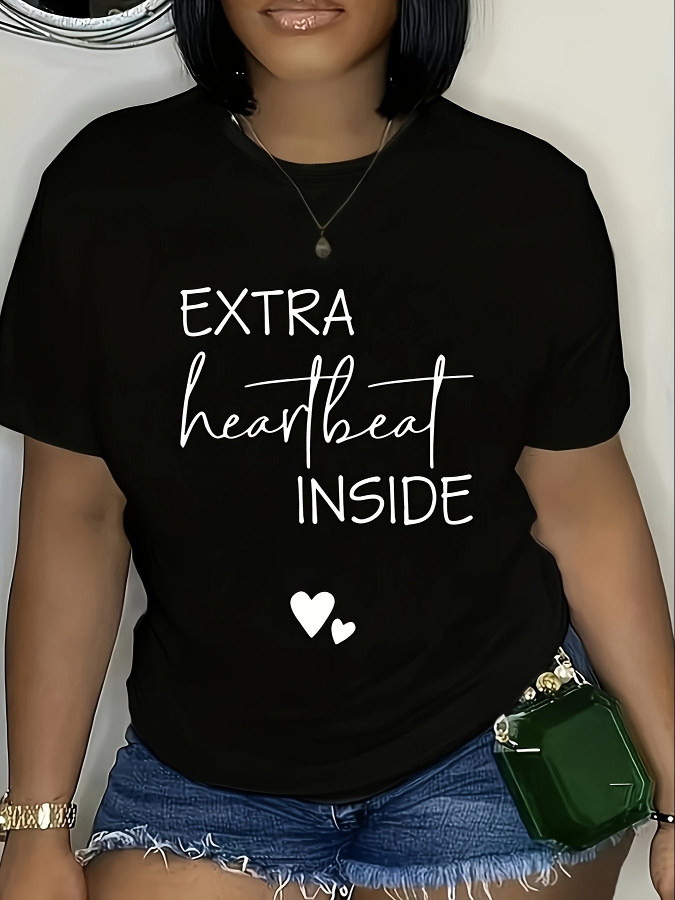 Extra Heartbeat Inside" Graphic Maternity Tee - Casual & Comfy Polyester-Spandex Blend, Short Sleeve, Round Neck Women's Pregnancy Announcement Top with Cute Heart Detail, Machine Washable