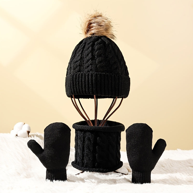 0-3 Years Old Baby Knitted Velvet Hat Set – Warm Autumn & Winter Baby Hat with Scarf & Gloves - Kidzy Market