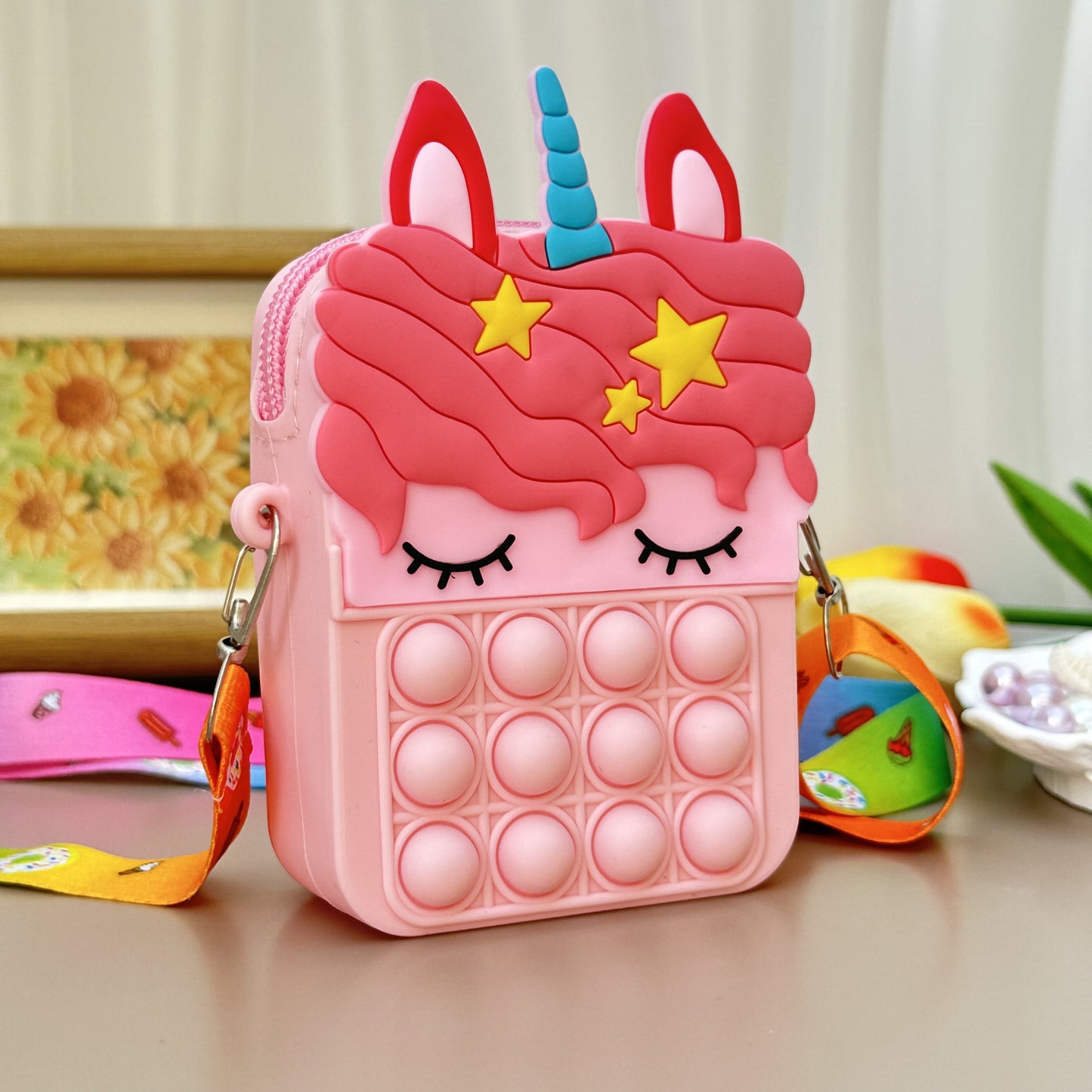 Colorful Unicorn Crossbody Bag for Kids – Waterproof Silicone Fidget Purse with Adjustable Strap & Zip Closure, Ages 5-8 - Kidzy Market