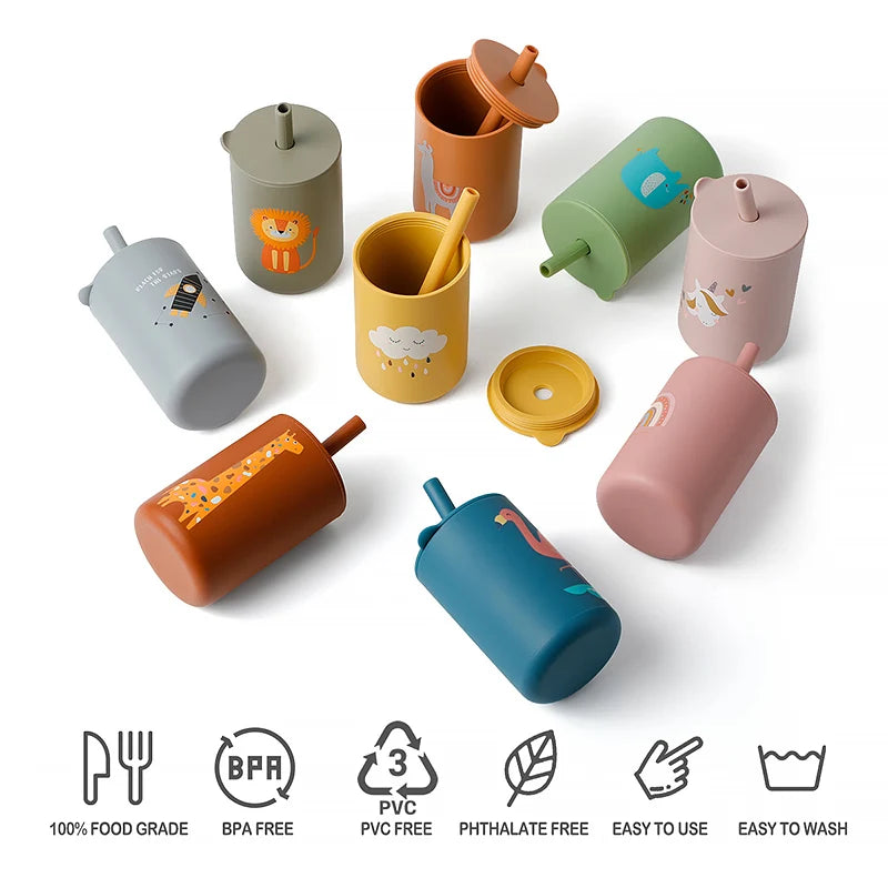 Baby Feeding Drinkware Straw Cup, Cartoon Learning Feeding Cup, Food Grade Silicone Toddler Water Bottle, BPA-Free Tableware