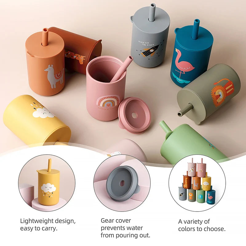 Baby Feeding Drinkware Straw Cup, Cartoon Learning Feeding Cup, Food Grade Silicone Toddler Water Bottle, BPA-Free Tableware