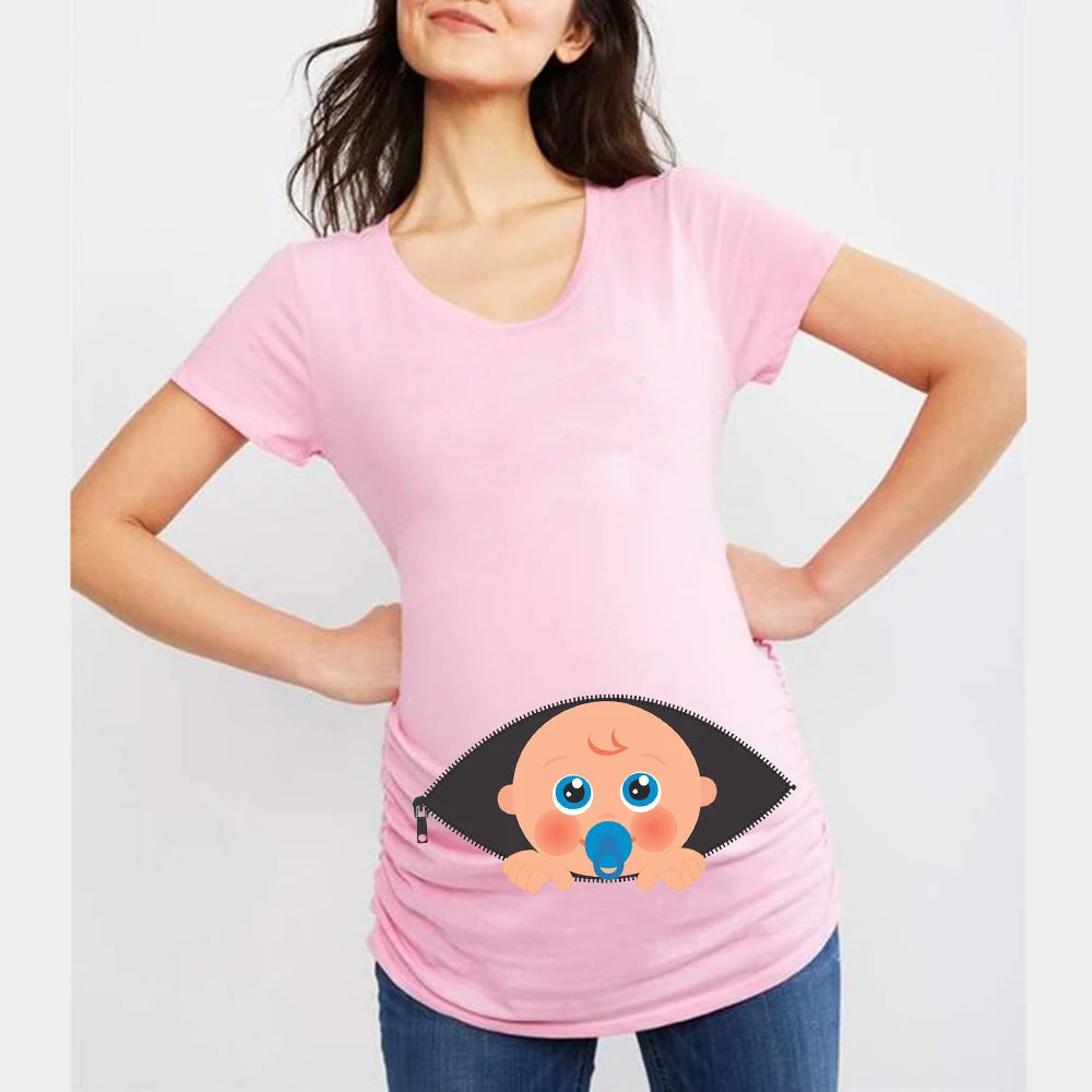Summer Funny Cartoon Print Maternity T-Shirt | Pink Plus-Size Short Sleeve Tops | Pregnant Women Hot Sale T-Shirts