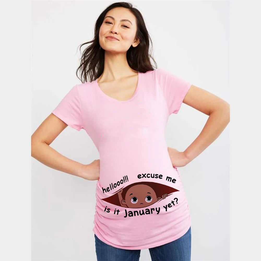 "Excuse Me, Is It January Yet?" 12 Months Summer Maternity Pregnancy T-Shirt | Black Baby Print Women Tee | Pregnant Clothes