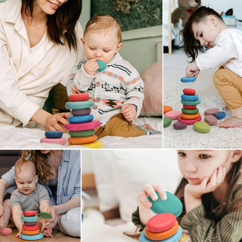 Baby Wooden Building Blocks – BPA-Free Montessori Rainbow Stacked Stone, Balanced Stacking Toy for Children, Educational Gift