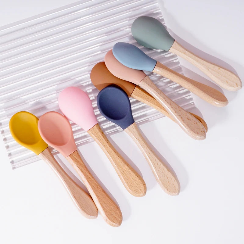 Feeding Wooden Handle Silicone Spoon for Baby – Training Utensils for Solid Foods – Kids' Manipulative Ability Development – Safe and Durable Children's Tableware