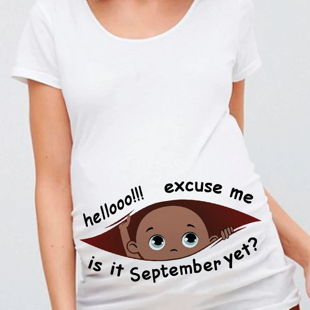 "Excuse Me, Is It January Yet?" 12 Months Summer Maternity Pregnancy T-Shirt | Black Baby Print Women Tee | Pregnant Clothes