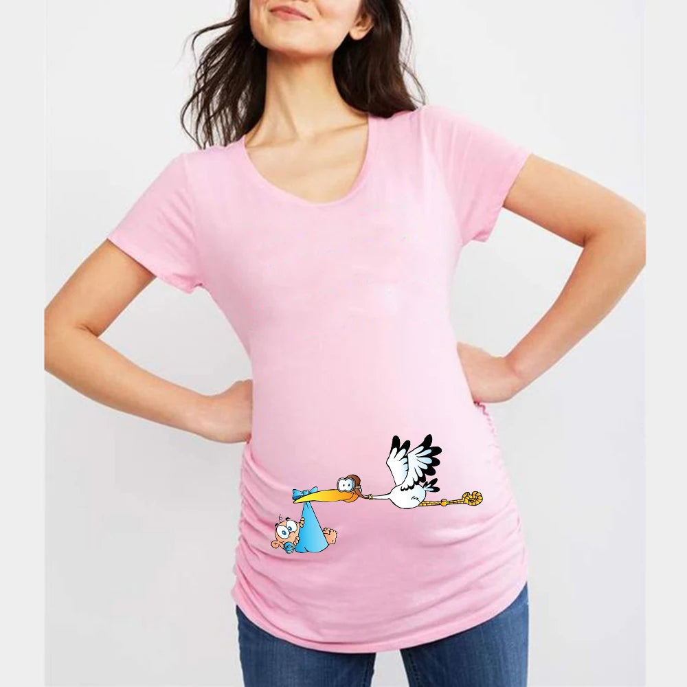 Summer Funny Cartoon Print Maternity T-Shirt | Pink Plus-Size Short Sleeve Tops | Pregnant Women Hot Sale T-Shirts