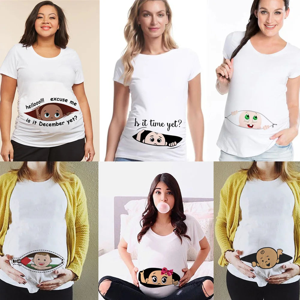 Summer Funny Cartoon Print Pregnancy T-Shirt | Maternity Tops | Plus-Size Short Sleeve for Pregnant Women | Hot Sale