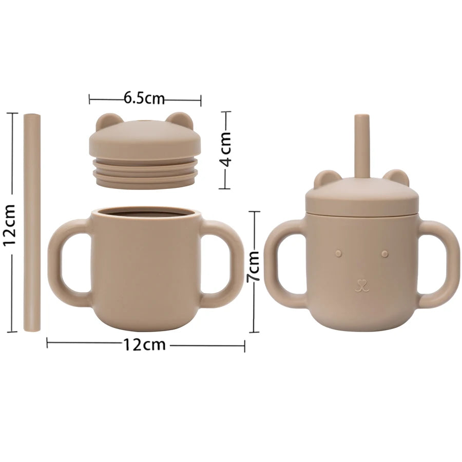 Cartoon Bear Baby Drinking Cup with Double Handles, Straw Feeding Cup, BPA-Free Soft Silicone Learn to Drink Cup, Newborn Accessories