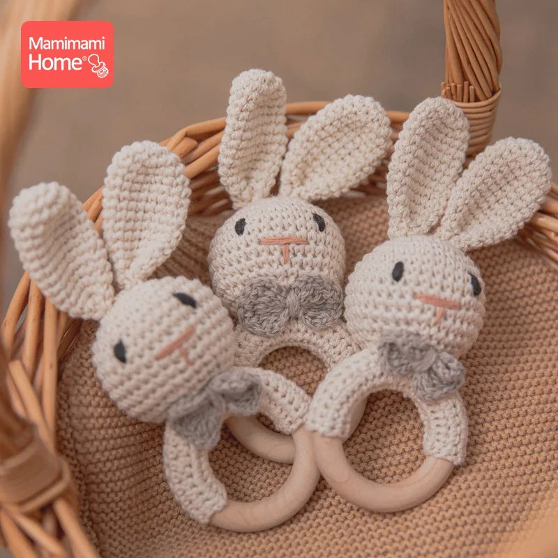 1Pc Baby Teether Wooden Crochet Rattle Toy - BPA-Free Wood Rodent Rabbit Rattle, Baby Mobile Play Gym, Newborn Educational Toy Gift