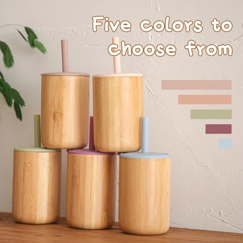 Let's Make 1pc Wooden Water Bottle for School Kids, Silicone Soft Straw Cup, Children's Learning Drinkware, Baby Feeding Bottle