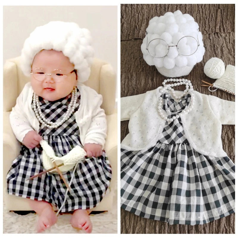 Funny Baby Photography Props Costume Set for Girls – Infant Cosplay Outfit, Grandma Clothes, Photo Shooting Hat and Accessories