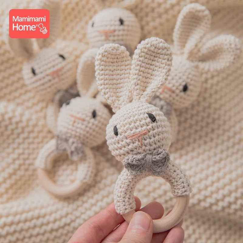 1Pc Baby Teether Wooden Crochet Rattle Toy - BPA-Free Wood Rodent Rabbit Rattle, Baby Mobile Play Gym, Newborn Educational Toy Gift