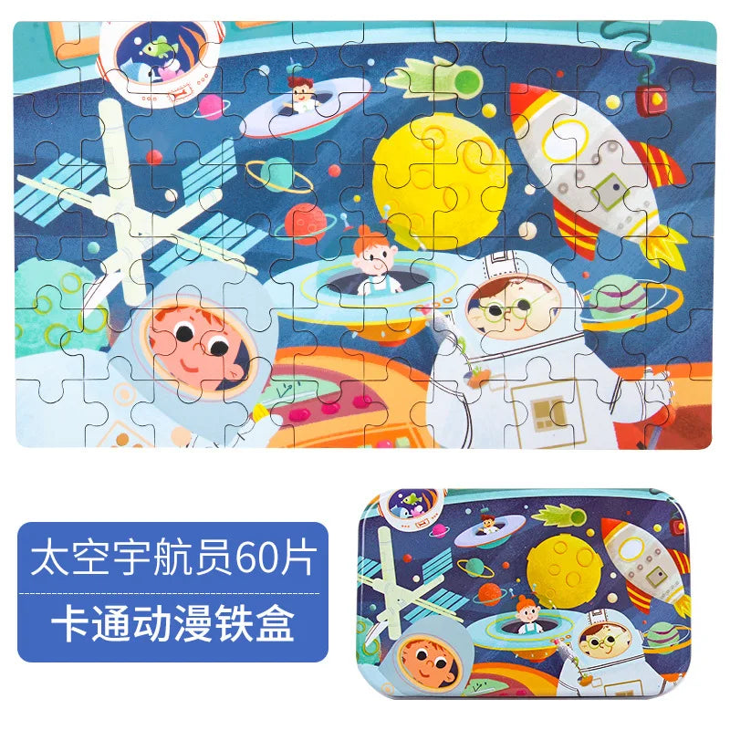 60 Pieces Wooden Jigsaw Puzzle – Cartoon Vehicle and Animal Educational Toy for Kids