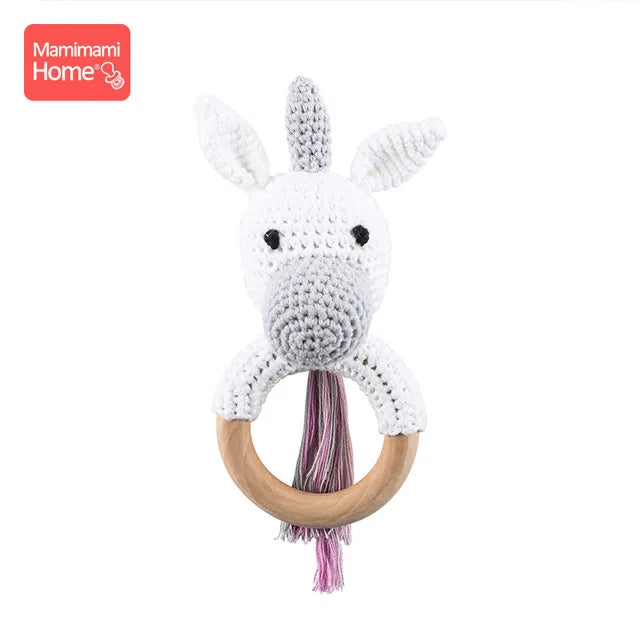 1Pc Baby Teether Wooden Crochet Rattle Toy - BPA-Free Wood Rodent Rabbit Rattle, Baby Mobile Play Gym, Newborn Educational Toy Gift