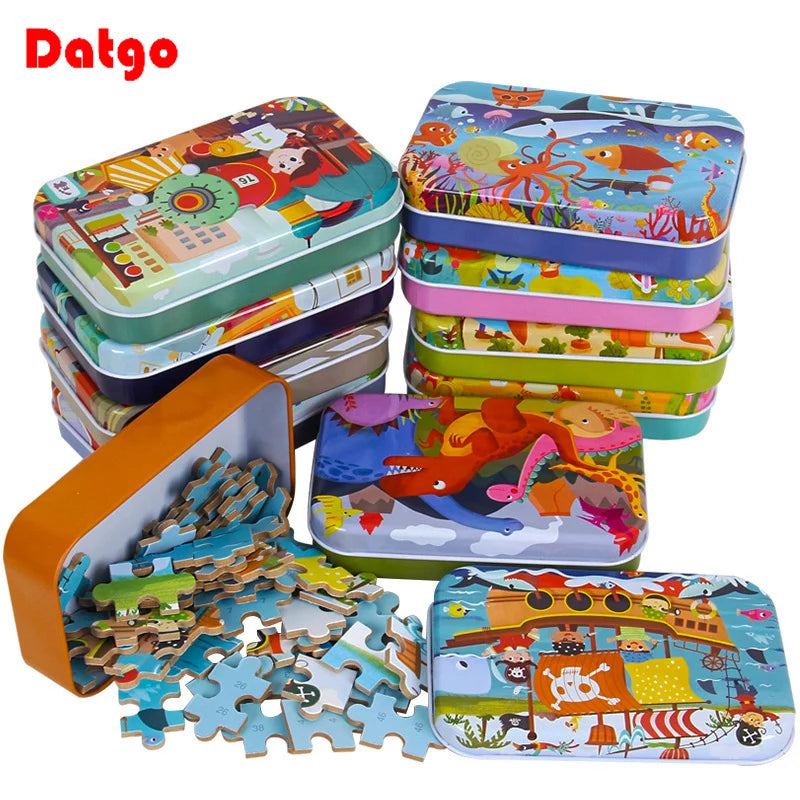 60 Pieces Wooden Jigsaw Puzzle – Cartoon Vehicle and Animal Educational Toy for Kids