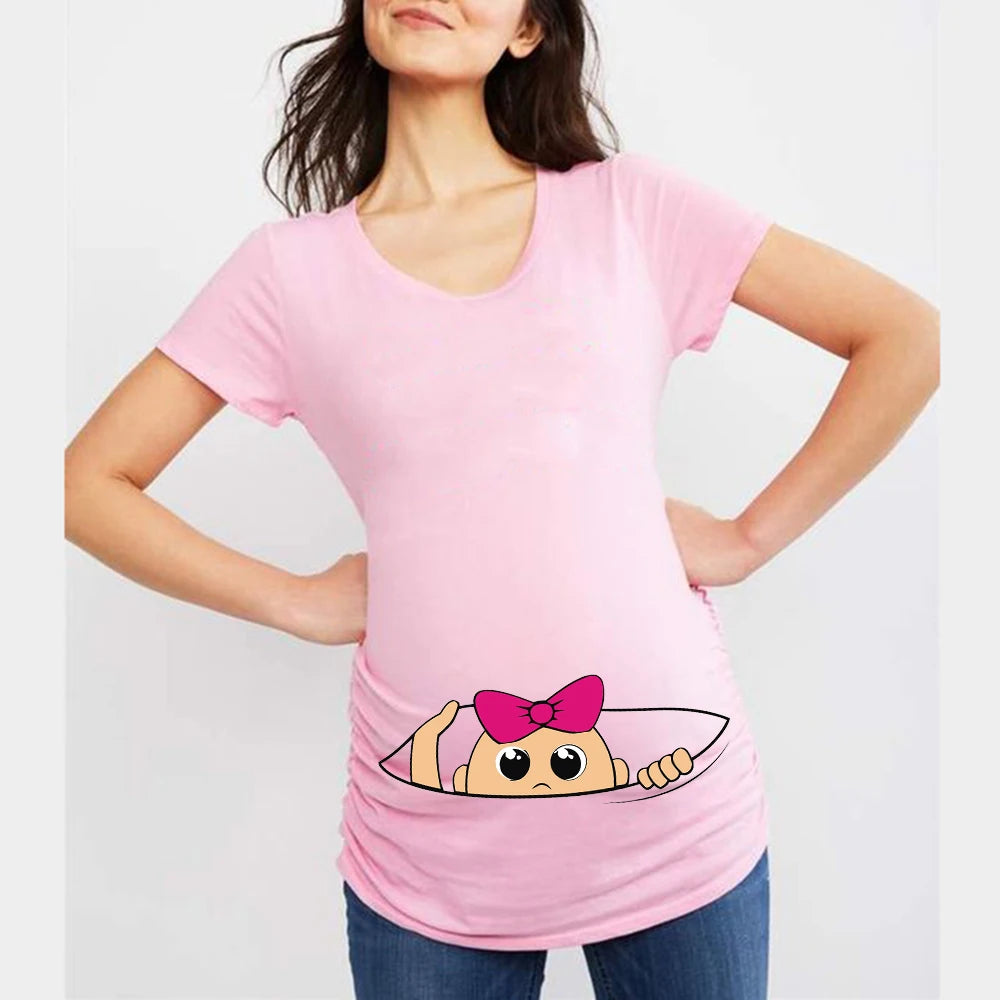 Summer Funny Cartoon Print Maternity T-Shirt | Pink Plus-Size Short Sleeve Tops | Pregnant Women Hot Sale T-Shirts