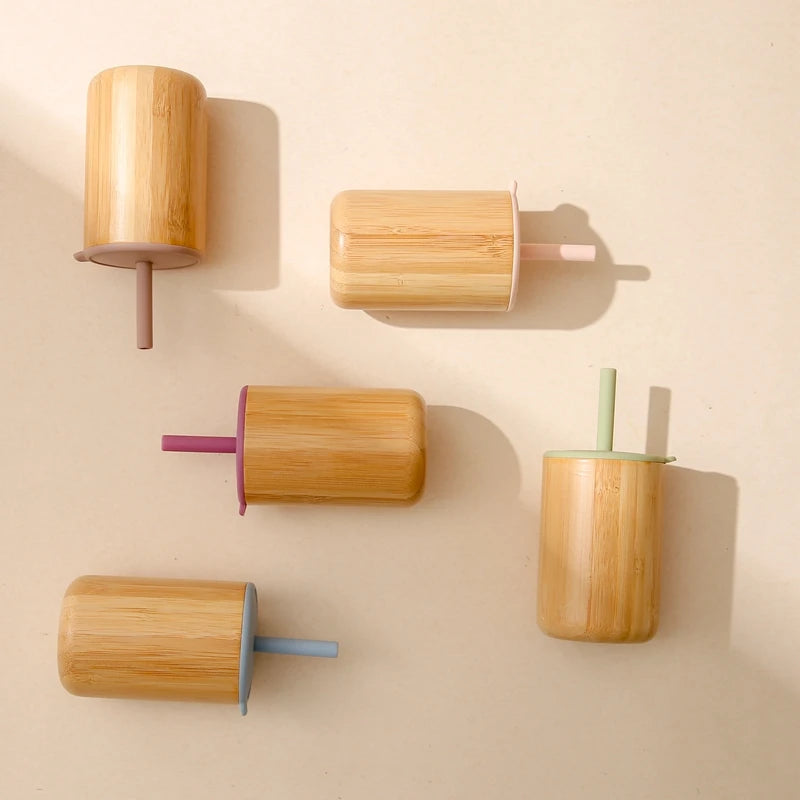 Let's Make 1pc Wooden Water Bottle for School Kids, Silicone Soft Straw Cup, Children's Learning Drinkware, Baby Feeding Bottle