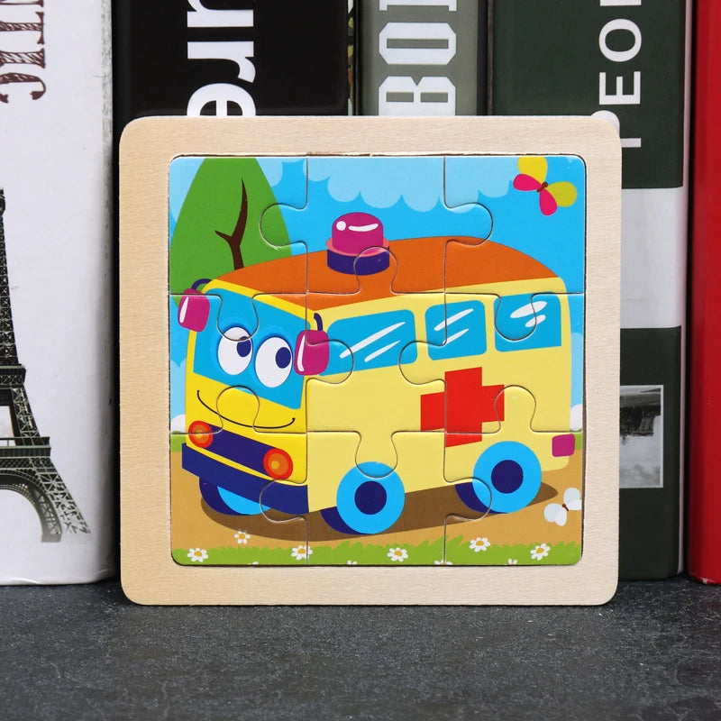 11x11cm (4.33x4.33in) Kids Wooden Puzzle – Cartoon Animal Traffic Tangram Educational Toy